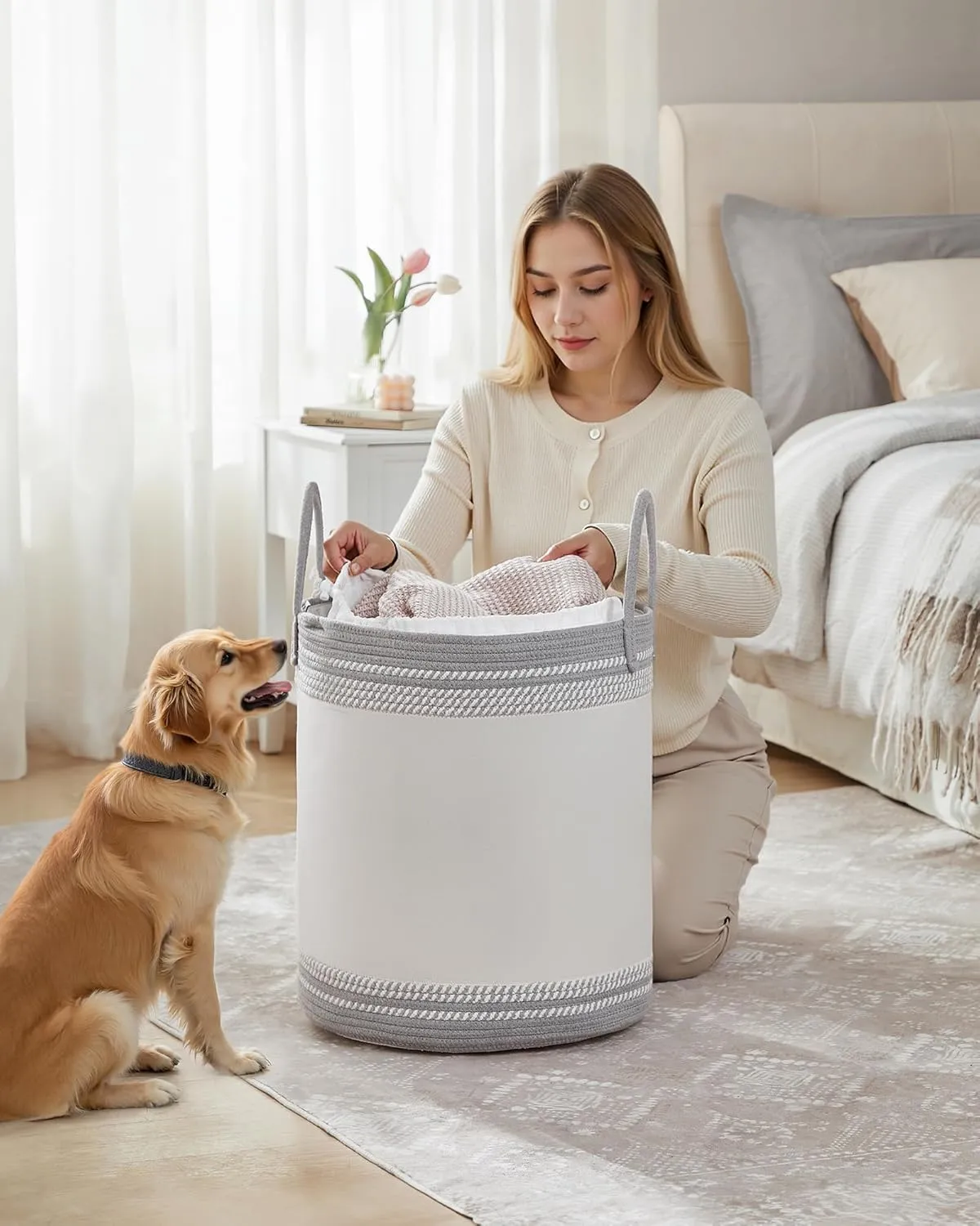 SONGMICS Laundry Hamper 60L, Laundry Basket with Handles, Laundry Bag with Lid, Cotton Rope, Drawstring, for Clothes, Blankets, Living Room, Bedroom, Dove Gray URLH060G01