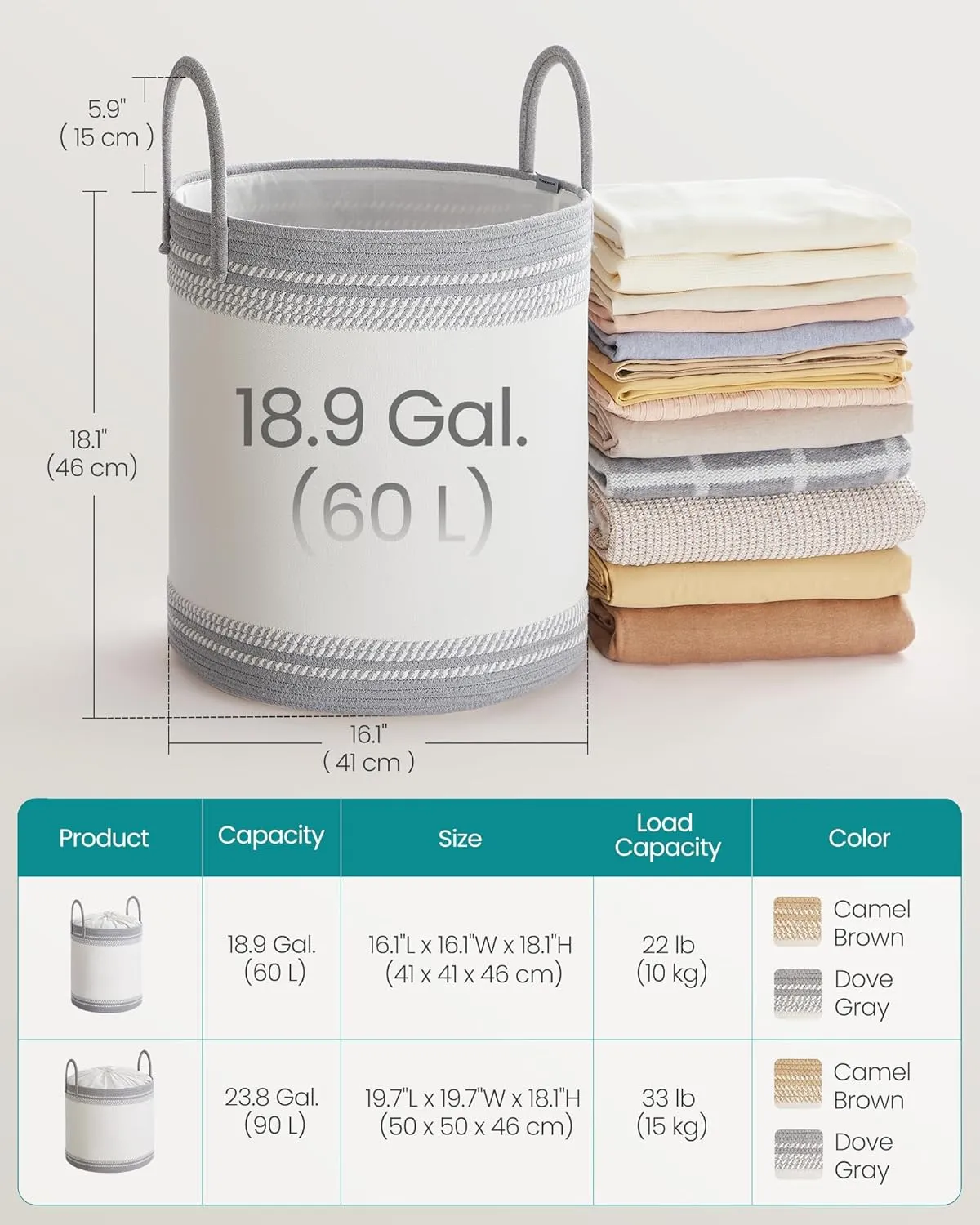 SONGMICS Laundry Hamper 60L, Laundry Basket with Handles, Laundry Bag with Lid, Cotton Rope, Drawstring, for Clothes, Blankets, Living Room, Bedroom, Dove Gray URLH060G01