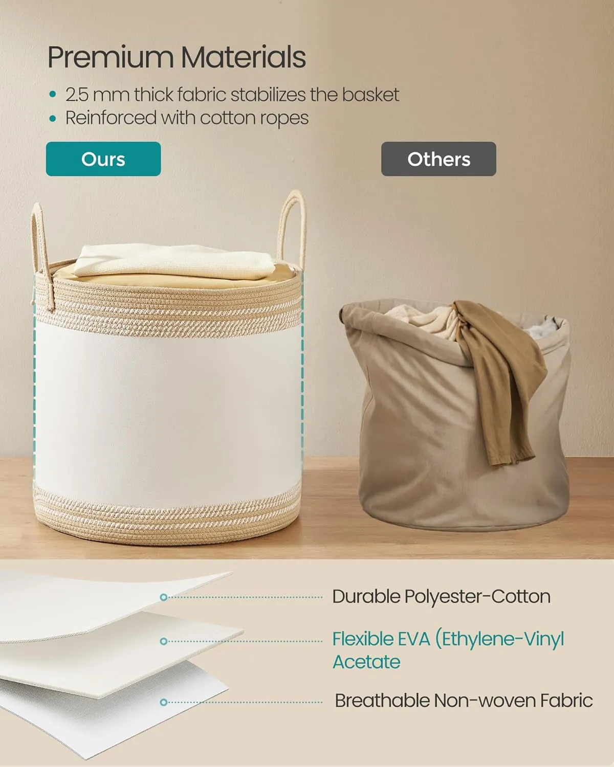 SONGMICS Laundry Hamper 90L, Laundry Basket with Handles, Laundry Bag with Lid, Cotton Rope, Drawstring, for Clothes, Blankets, Living Room, Bedroom, Camel Brown URLH090K01