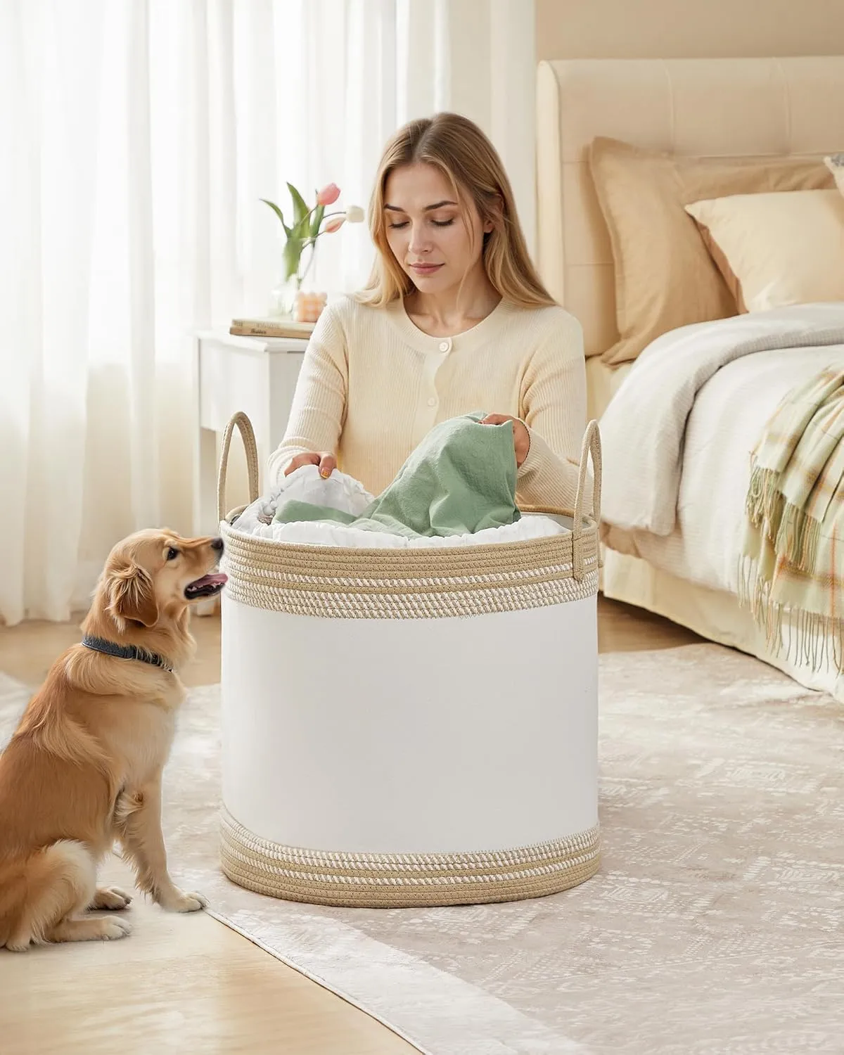 SONGMICS Laundry Hamper 90L, Laundry Basket with Handles, Laundry Bag with Lid, Cotton Rope, Drawstring, for Clothes, Blankets, Living Room, Bedroom, Camel Brown URLH090K01