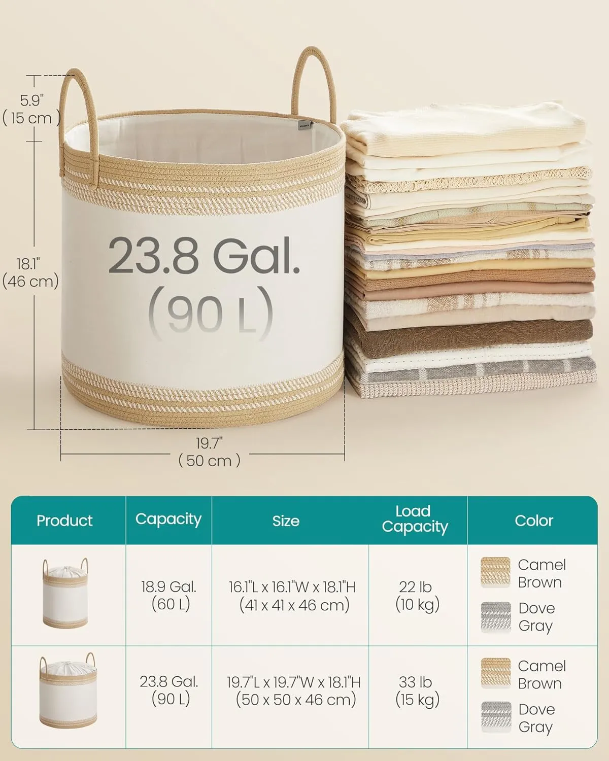 SONGMICS Laundry Hamper 90L, Laundry Basket with Handles, Laundry Bag with Lid, Cotton Rope, Drawstring, for Clothes, Blankets, Living Room, Bedroom, Camel Brown URLH090K01