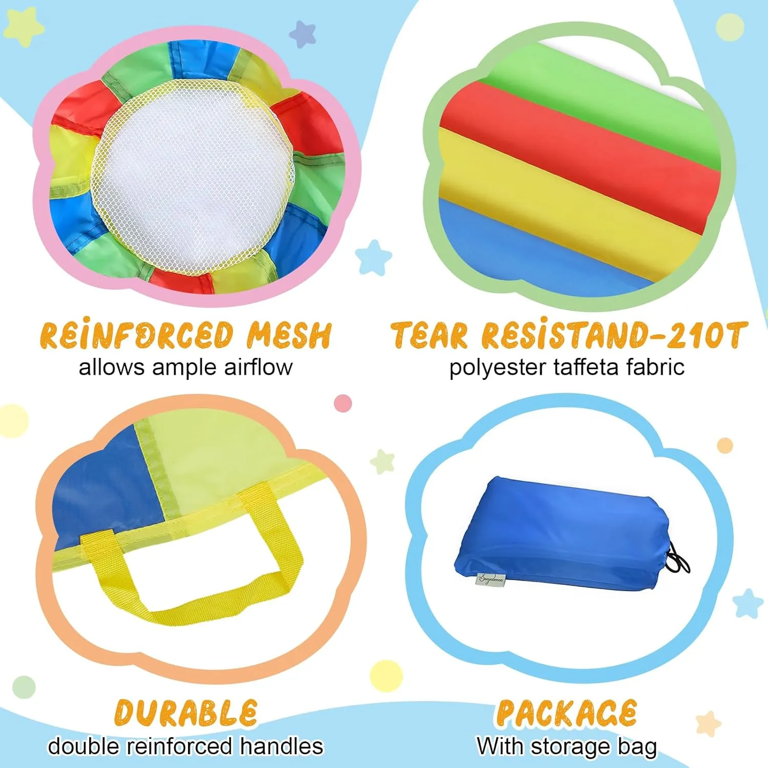 Sonyabecca Parachute, Play Parachute 10ft 12ft 16ft with 12 Handles 20ft 24ft with 16 Handles for Kids Cooperation Group Play