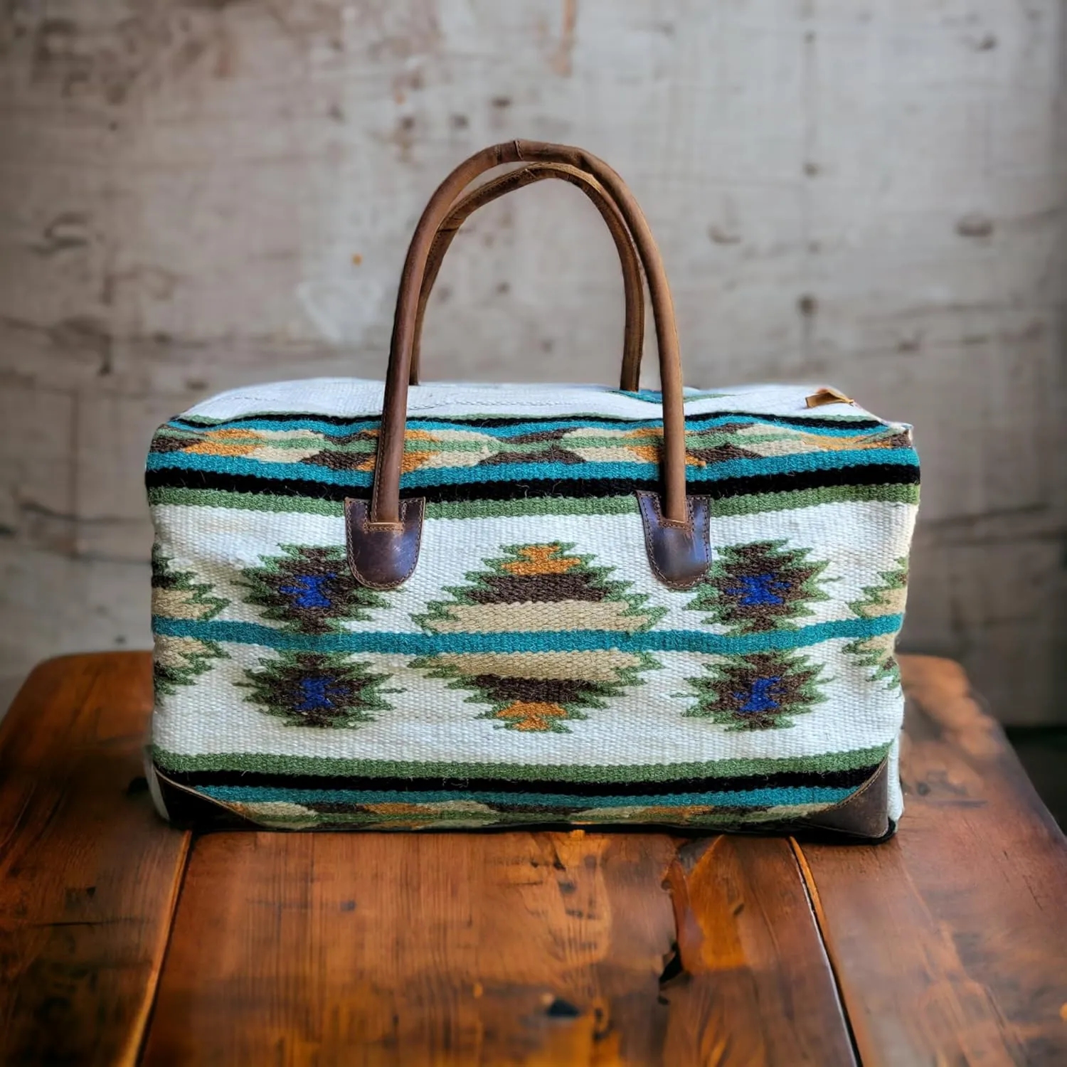 Southwestern Boho Aztec Large Weekender Duffel Bag Handwoven 100% Leather Handles (Aspen)
