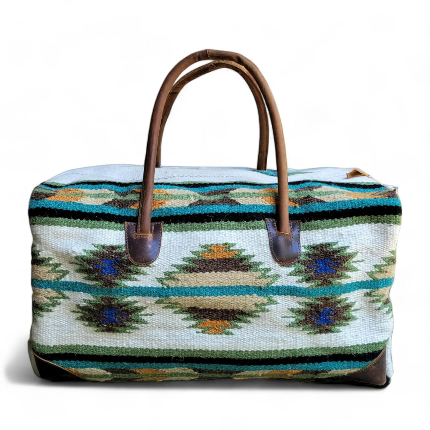 Southwestern Boho Aztec Large Weekender Duffel Bag Handwoven 100% Leather Handles (Aspen)