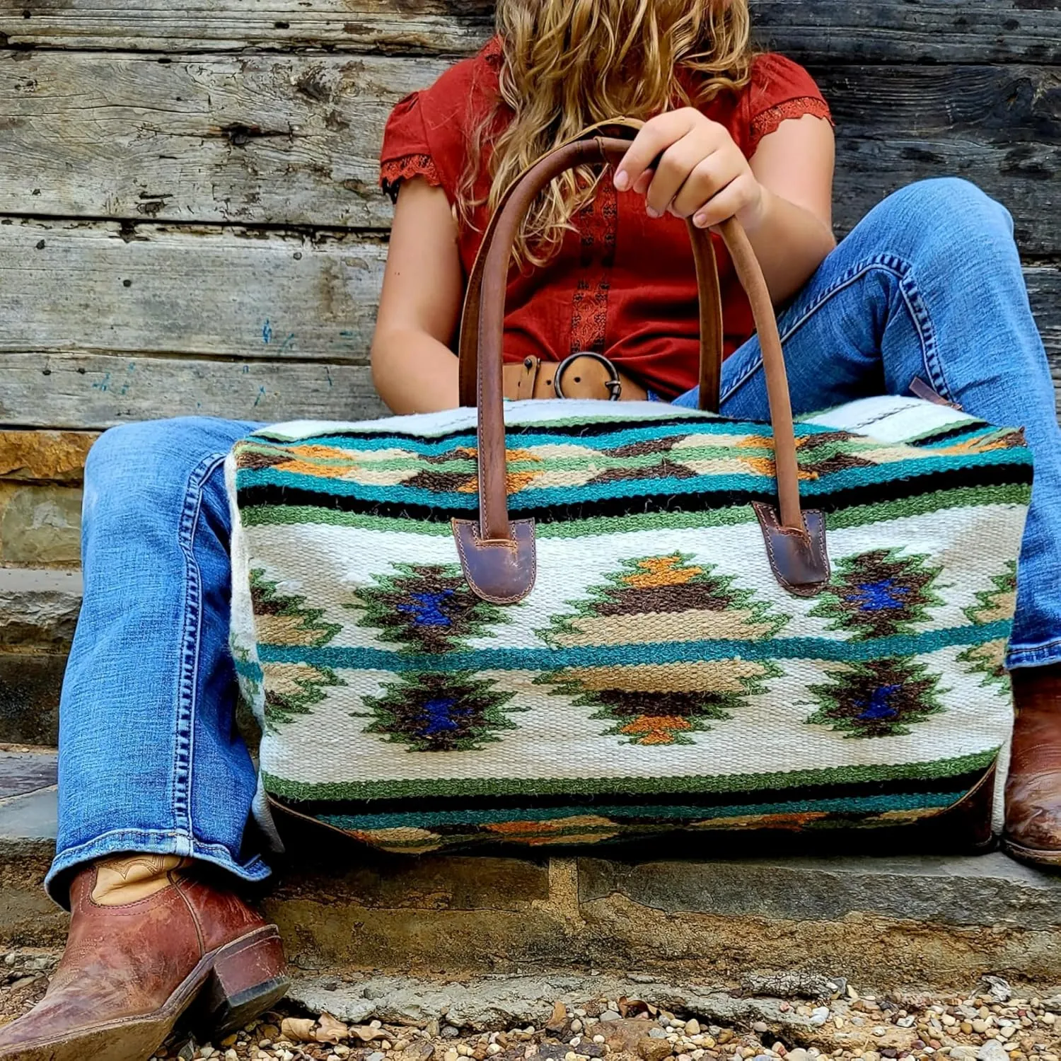Southwestern Boho Aztec Large Weekender Duffel Bag Handwoven 100% Leather Handles (Aspen)
