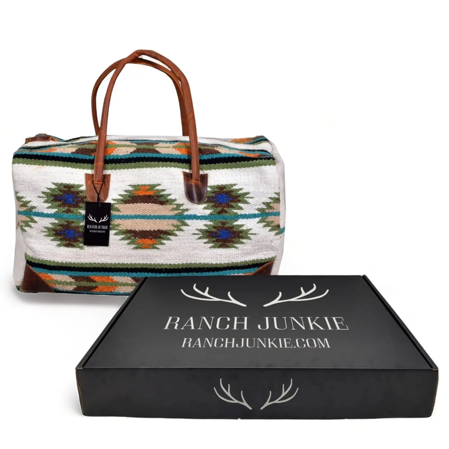 Southwestern Boho Aztec Large Weekender Duffel Bag Handwoven 100% Leather Handles (Aspen)