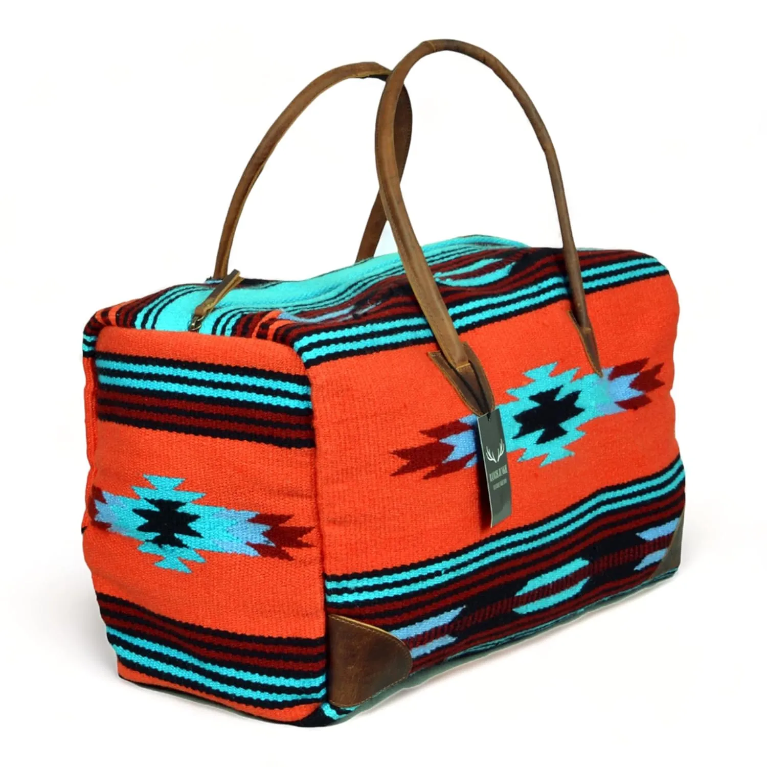 Southwestern Boho Aztec Large Weekender Duffel Bag Handwoven 100% Leather Handles (Sedona)