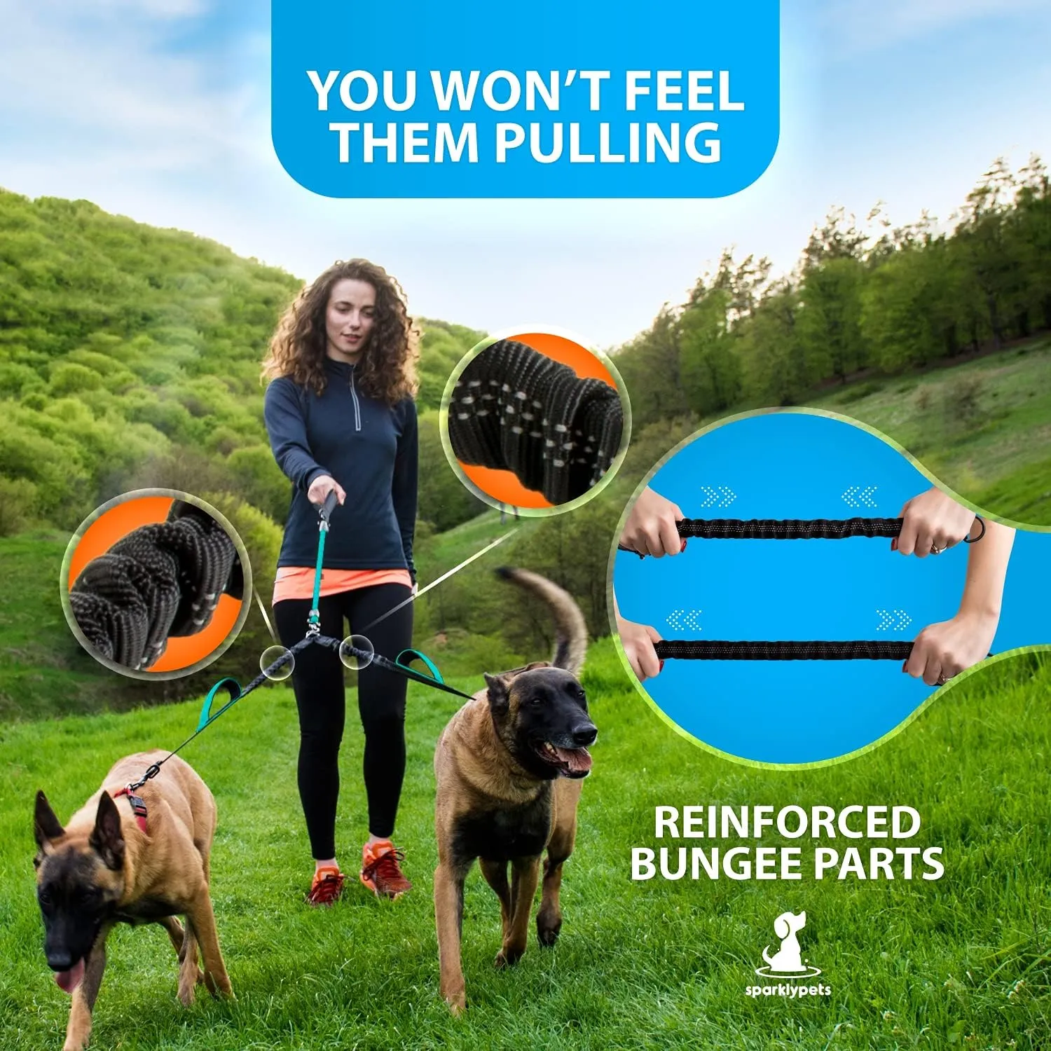 SparklyPets Double Dog Leash for 2 Dogs – Rope Bungee Dual Leash for Medium and Large Breeds with Padded Handles & Tangle Free (Teal, Medium/Large)