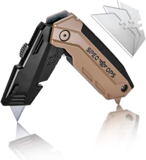 Spec Ops Tools Folding Utility Knife with Retractable Blade, Includes 3 Extra Blades in Handle Storage