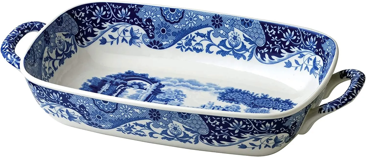 Spode Blue Italian Collection Baking Dish with Handles | Oven to Table Lasagna Dish | Handled Serving Tray | Made of Fine Porcelain | 11.5 x 8 Inch | Blue/White