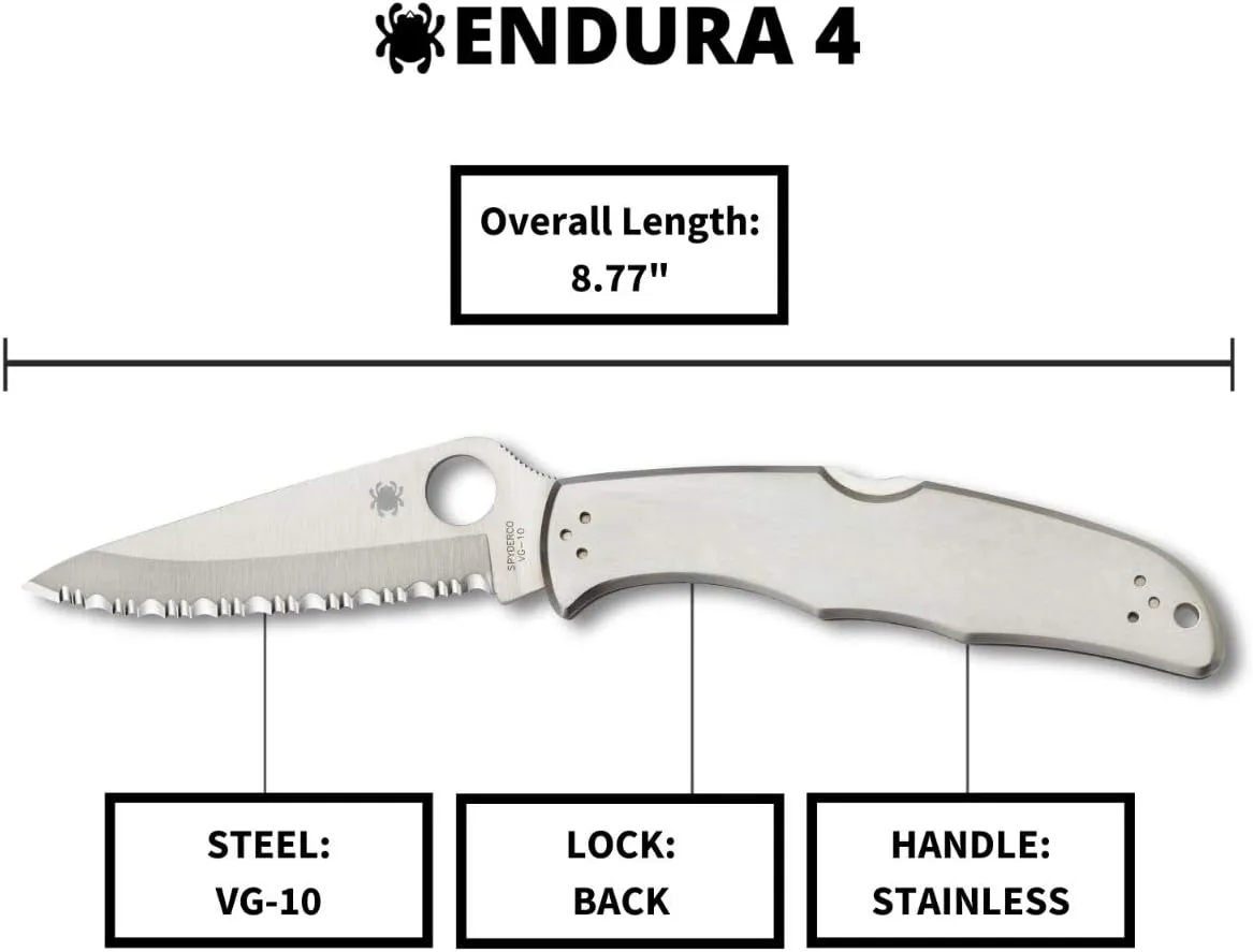 Spyderco Endura 4 Signature Folder Utility Knife with 3.85" VG-10 Steel Blade and Stainless Steel Handle - SpyderEdge - C10S