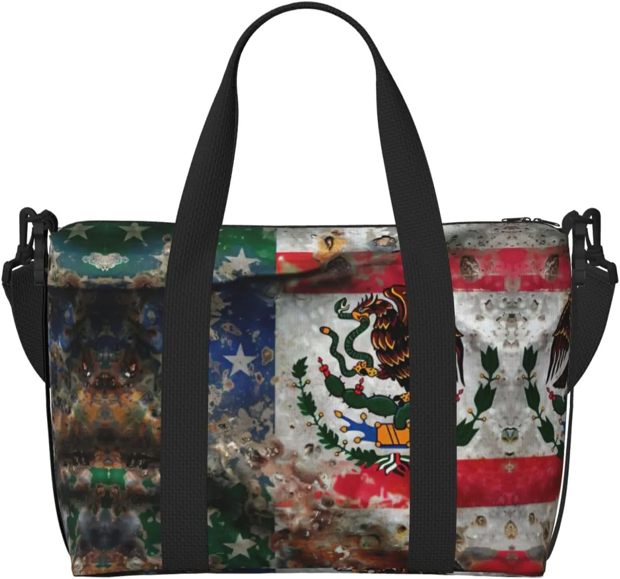 SSIMOO Mexican American Flag Print Portable Travel Duffel Bag,Ideal For Business And Private Travel, Black