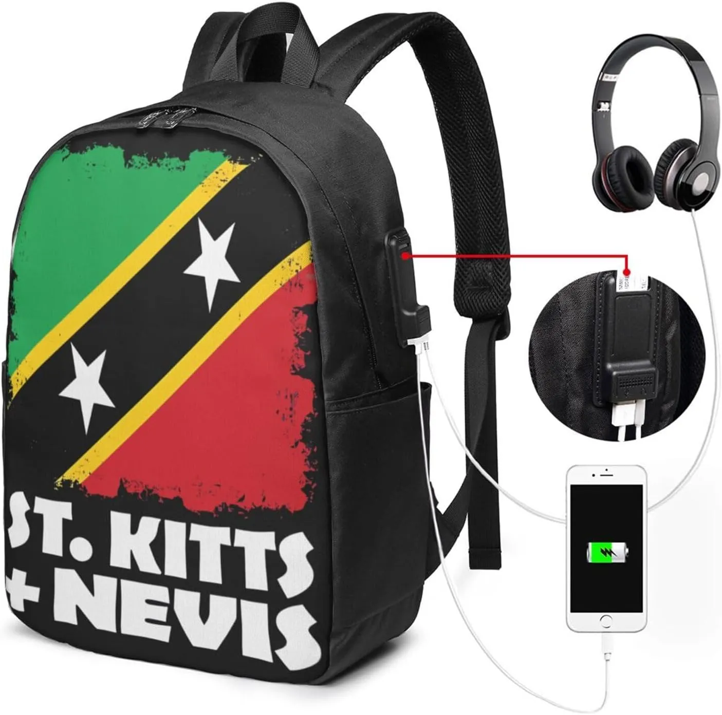 St Kitts Nevis National Flag Laptop Backpacks Travel Backpack Casual Business Daypack Sport Rucksack Computer Bag Fits up to 17 Inch Notebook with USB Port
