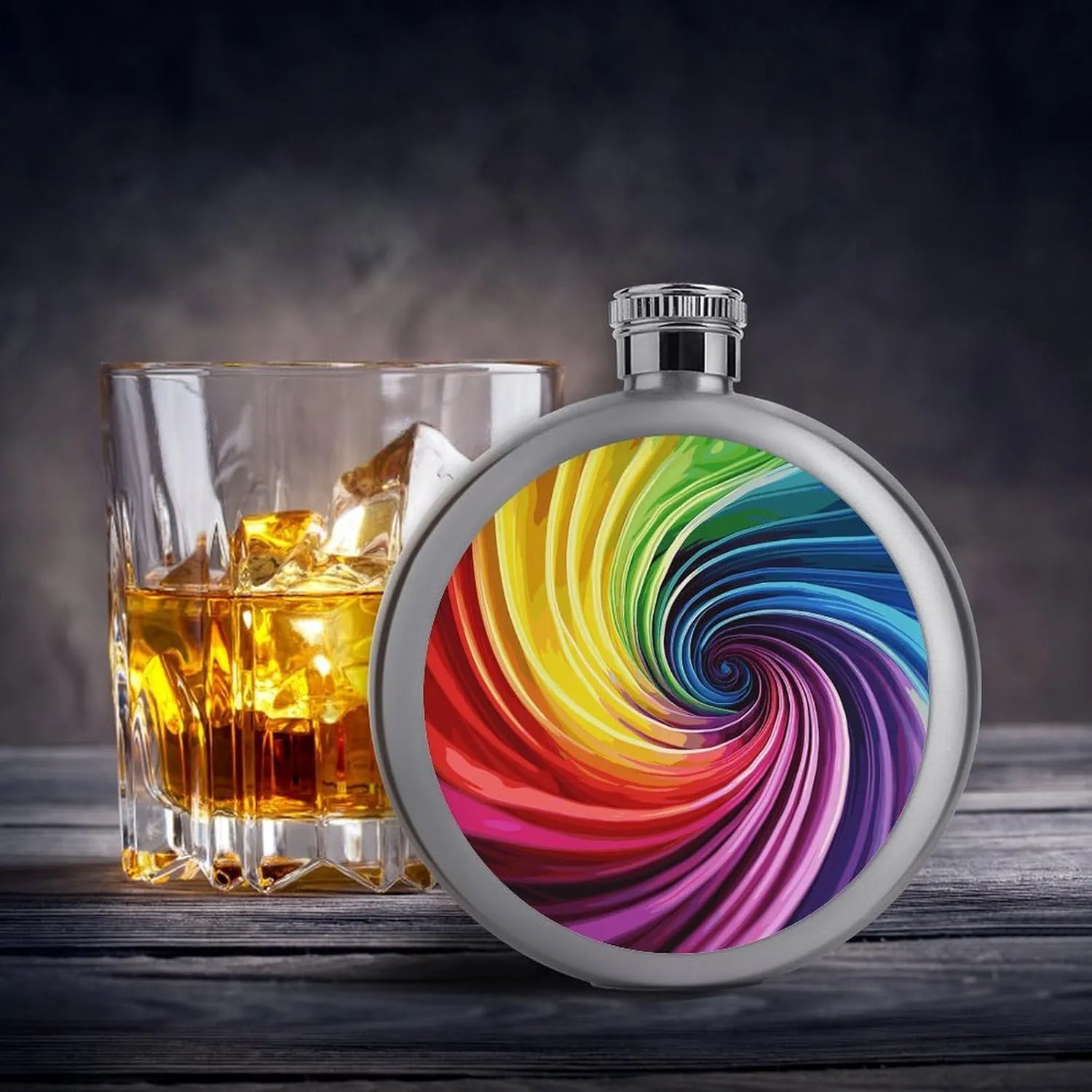 Stainless Steel Flasks for Liquor for Men Women,Rainbow Spiral Print Round Small Hip Liquor Flask,Portable Cute Funny Wine Whiskey Flask for Gift Camping Outdoor Activitie Wedding Party,5oz