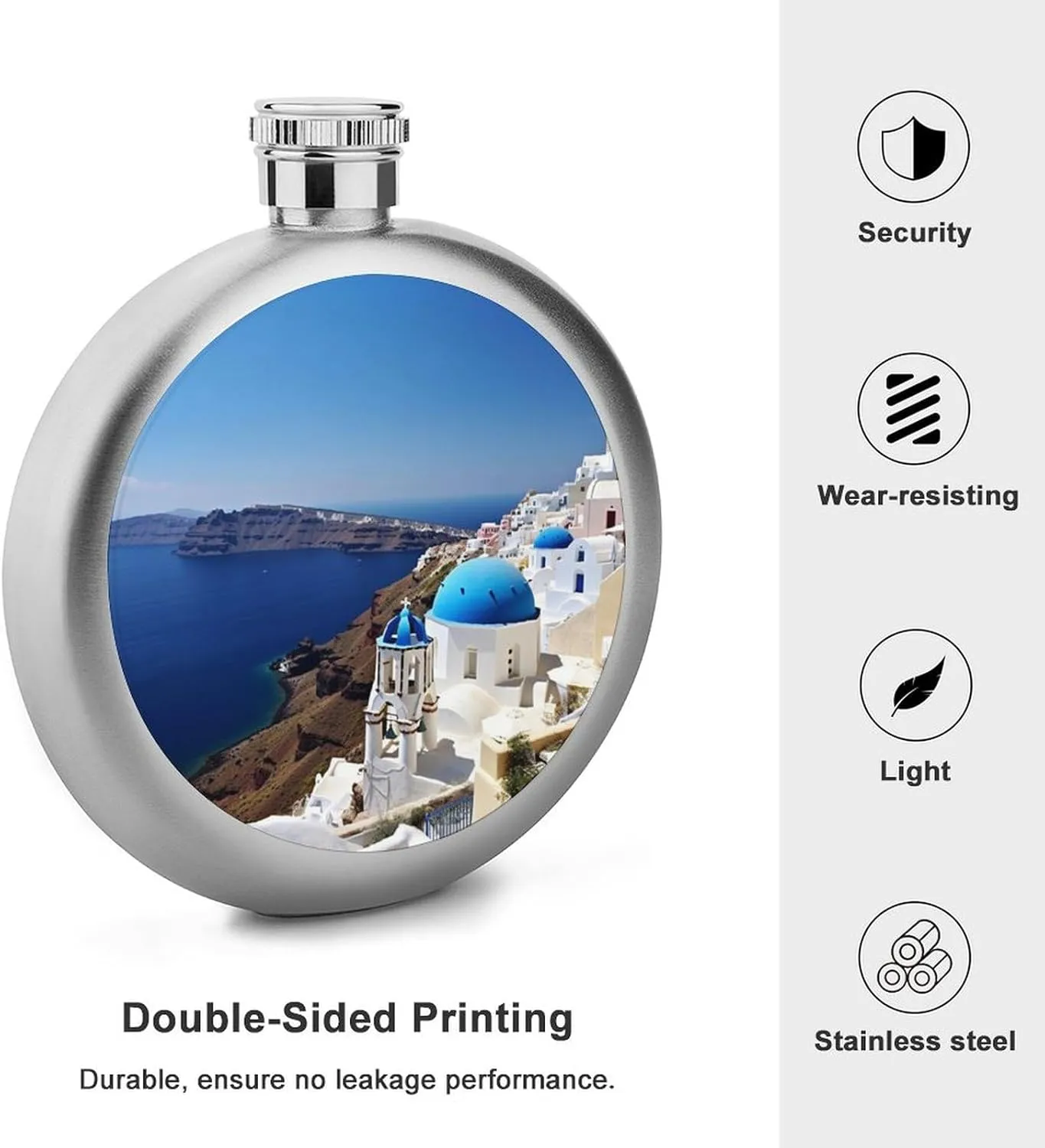 Stainless Steel Flasks for Liquor for Men Women,Santorini Greek Island Print Round Small Hip Liquor Flask,Portable Cute Funny Wine Whiskey Flask for Gift Camping Outdoor Activitie Wedding Party,5oz