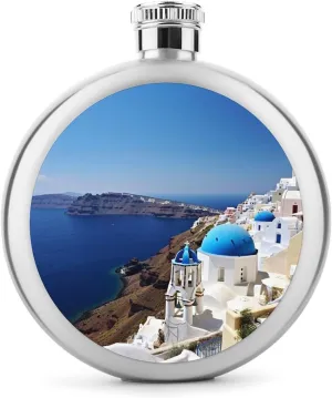 Stainless Steel Flasks for Liquor for Men Women,Santorini Greek Island Print Round Small Hip Liquor Flask,Portable Cute Funny Wine Whiskey Flask for Gift Camping Outdoor Activitie Wedding Party,5oz