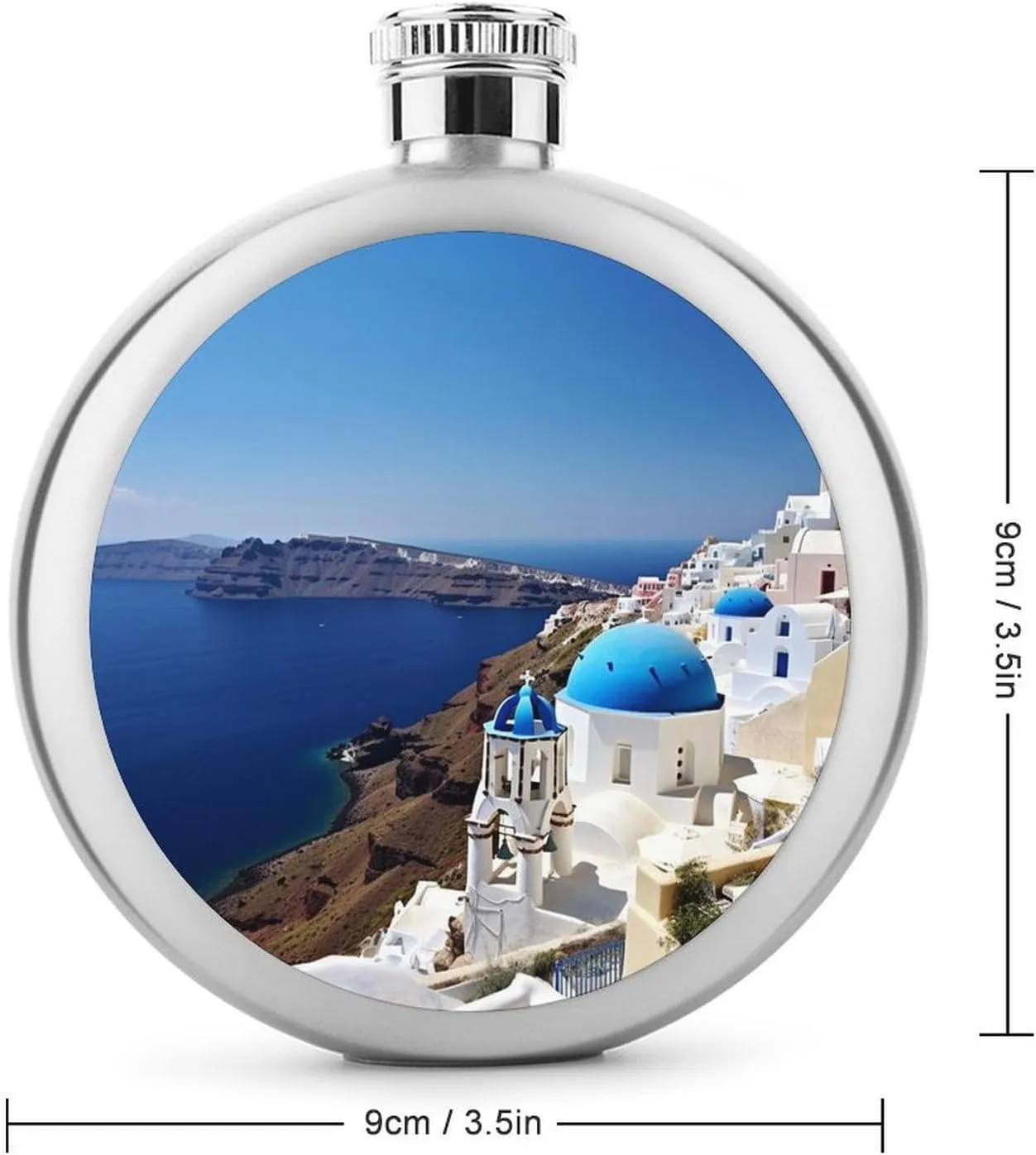 Stainless Steel Flasks for Liquor for Men Women,Santorini Greek Island Print Round Small Hip Liquor Flask,Portable Cute Funny Wine Whiskey Flask for Gift Camping Outdoor Activitie Wedding Party,5oz