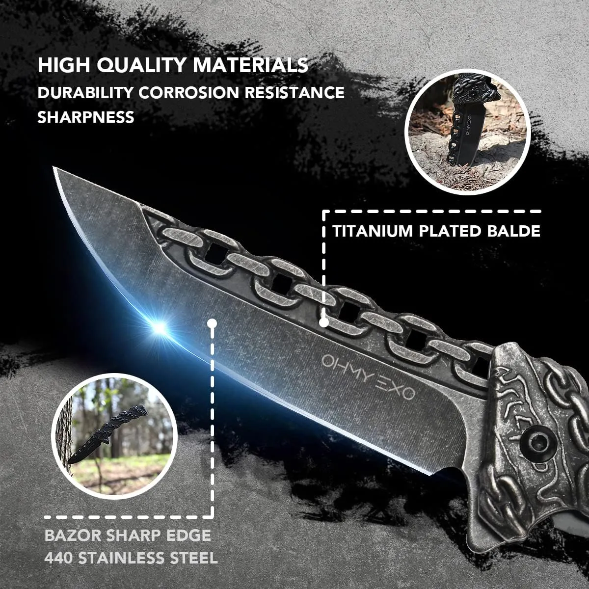 Stainless Steel Pocket Folding Knife with A Sculpted Chain Handle - Safety Liner Lock, Pocket Belt Clip Knife - Portable Tactical Utility Knives for Men Great for EDC, Camping, Fishing & More