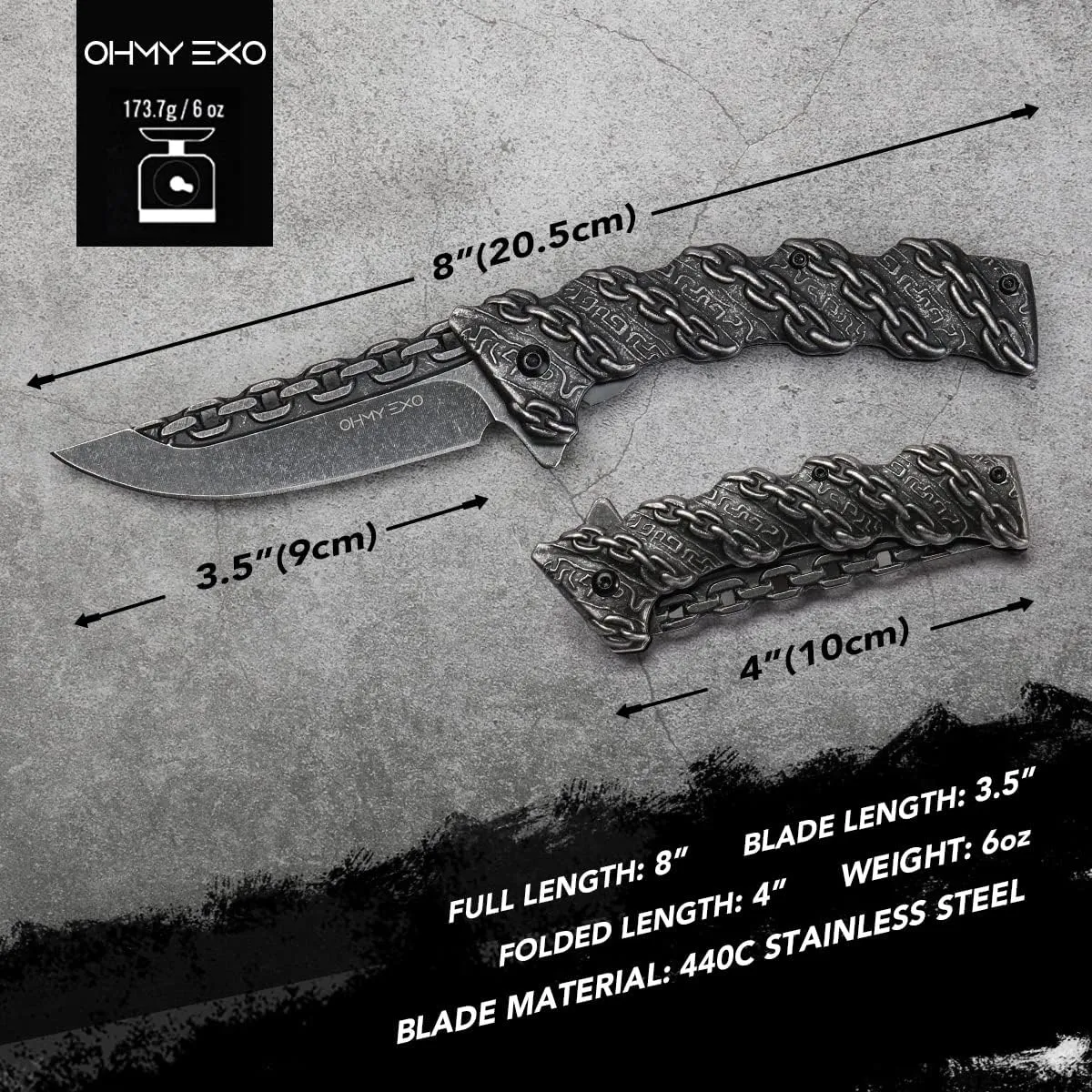 Stainless Steel Pocket Folding Knife with A Sculpted Chain Handle - Safety Liner Lock, Pocket Belt Clip Knife - Portable Tactical Utility Knives for Men Great for EDC, Camping, Fishing & More
