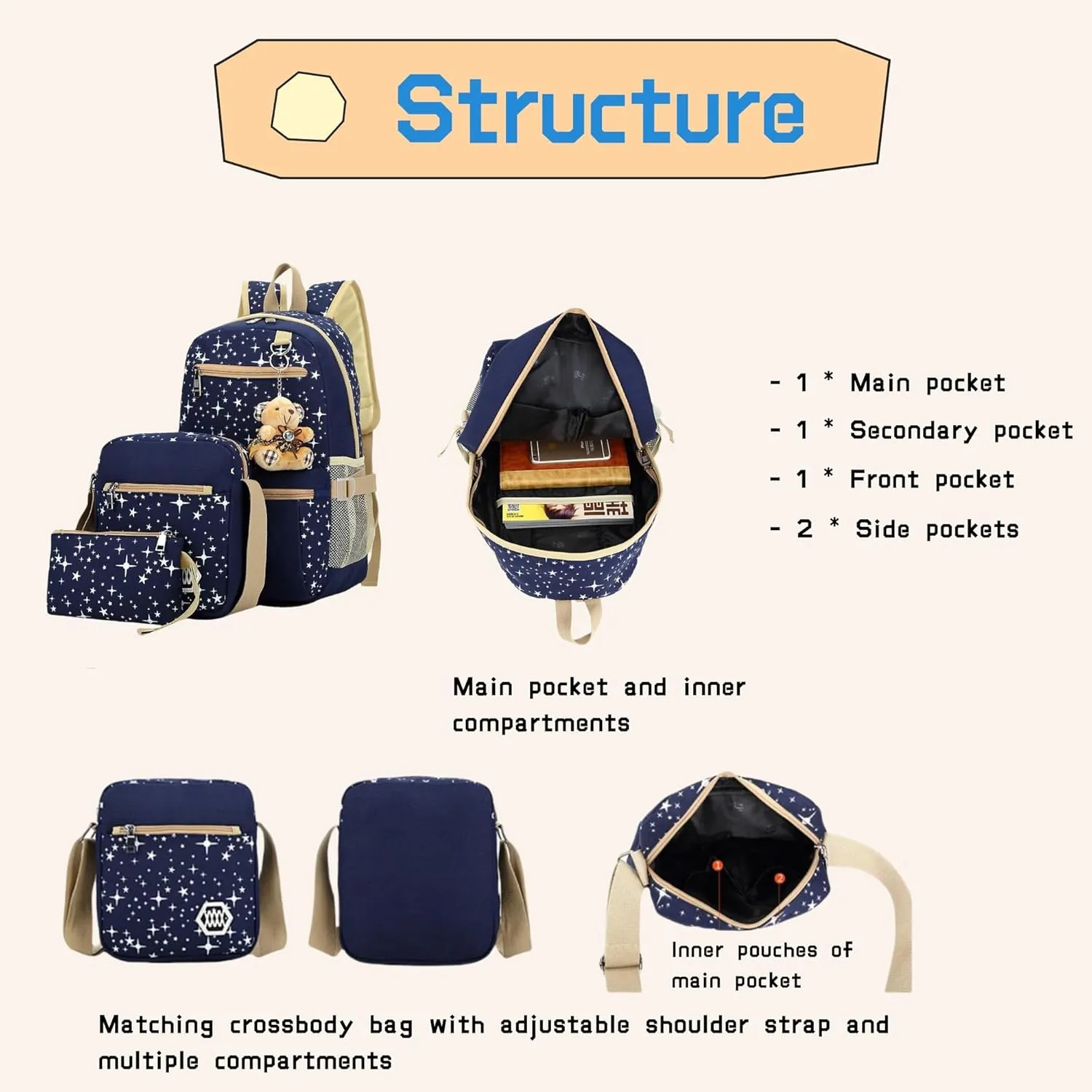 Star Print Girls Backpacks Set for School, School Bags Bookbags for Teenage Girls, with Crossbody Bag, 3 Pieces