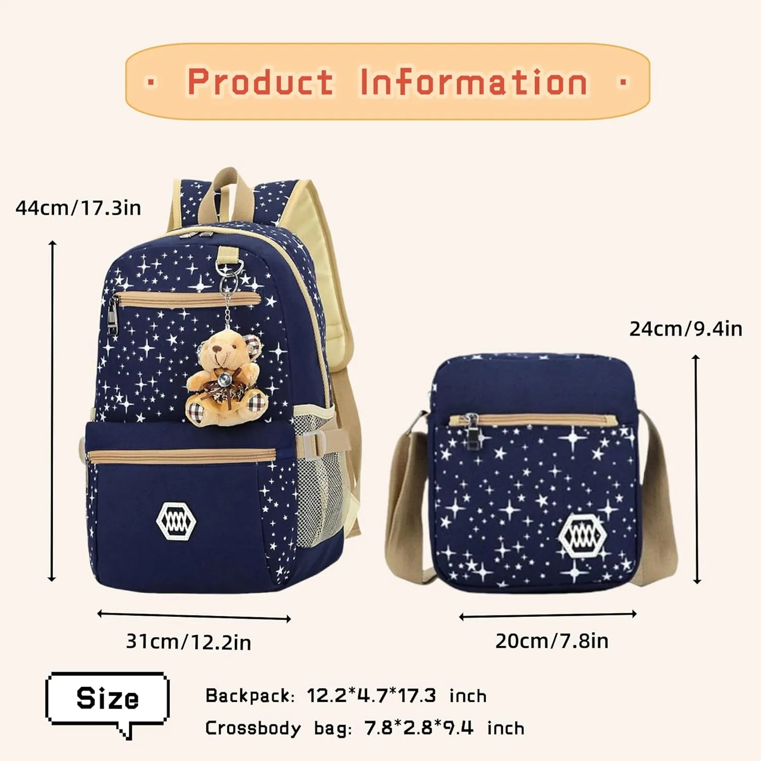 Star Print Girls Backpacks Set for School, School Bags Bookbags for Teenage Girls, with Crossbody Bag, 3 Pieces