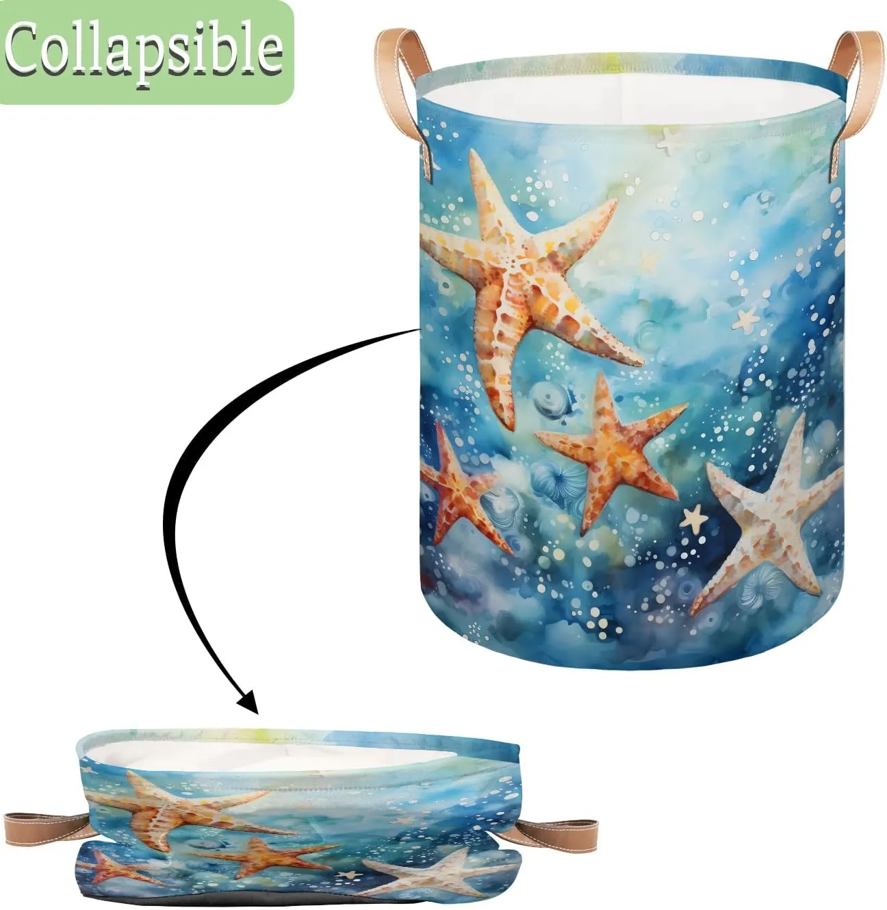 Starfish Ocean Laundry Hamper with Handles, Large Collapsible Laundry Basket Waterproof Decorative Washing Bag for Clothes, Bathroom, Bedrooms, Laundry Room