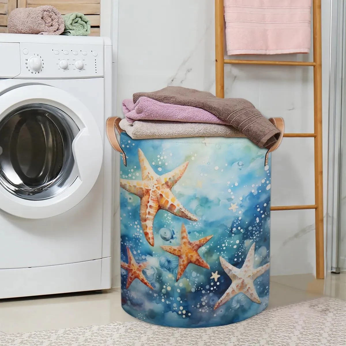 Starfish Ocean Laundry Hamper with Handles, Large Collapsible Laundry Basket Waterproof Decorative Washing Bag for Clothes, Bathroom, Bedrooms, Laundry Room