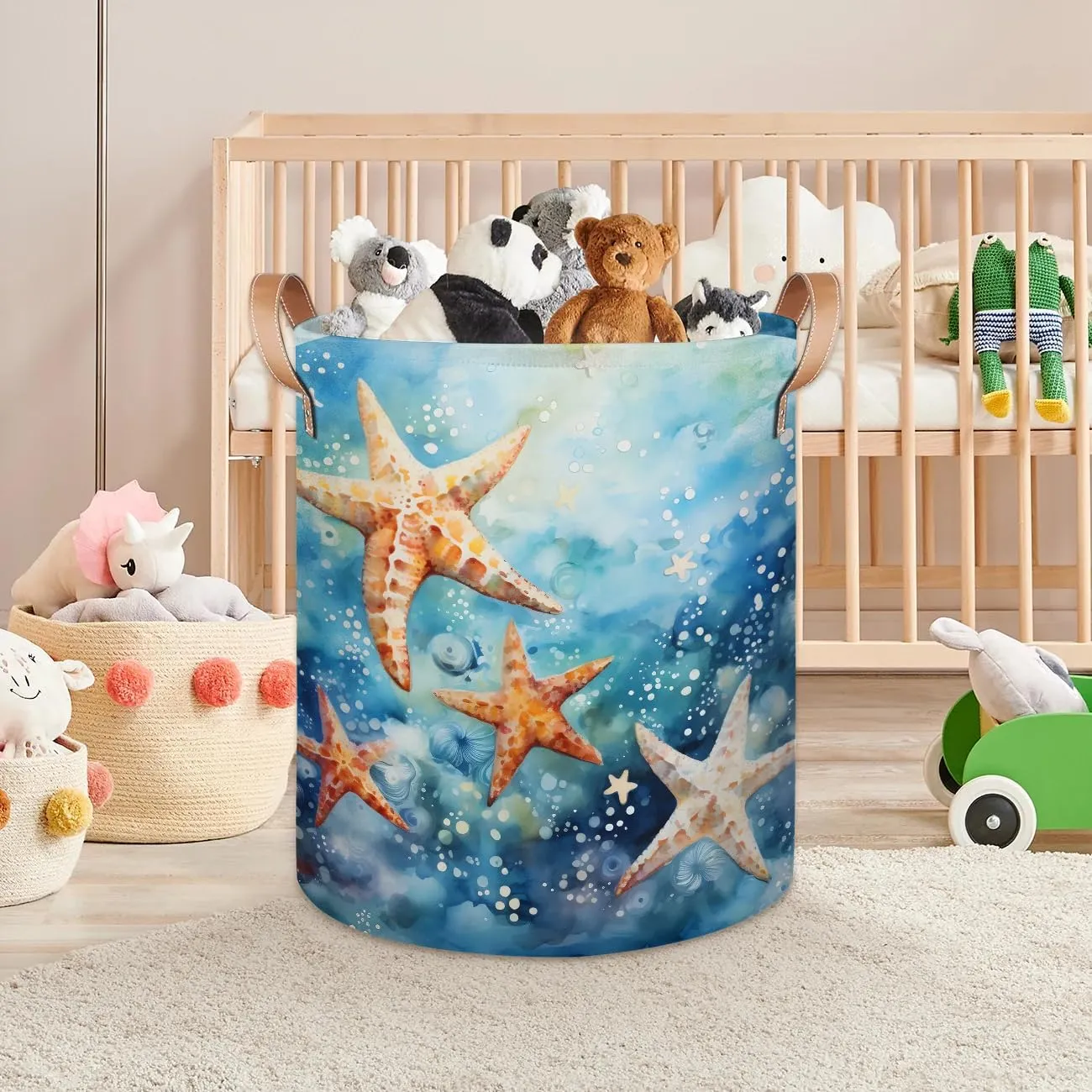 Starfish Ocean Laundry Hamper with Handles, Large Collapsible Laundry Basket Waterproof Decorative Washing Bag for Clothes, Bathroom, Bedrooms, Laundry Room