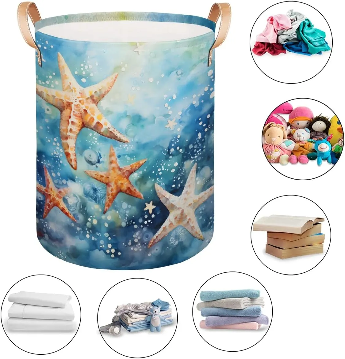 Starfish Ocean Laundry Hamper with Handles, Large Collapsible Laundry Basket Waterproof Decorative Washing Bag for Clothes, Bathroom, Bedrooms, Laundry Room