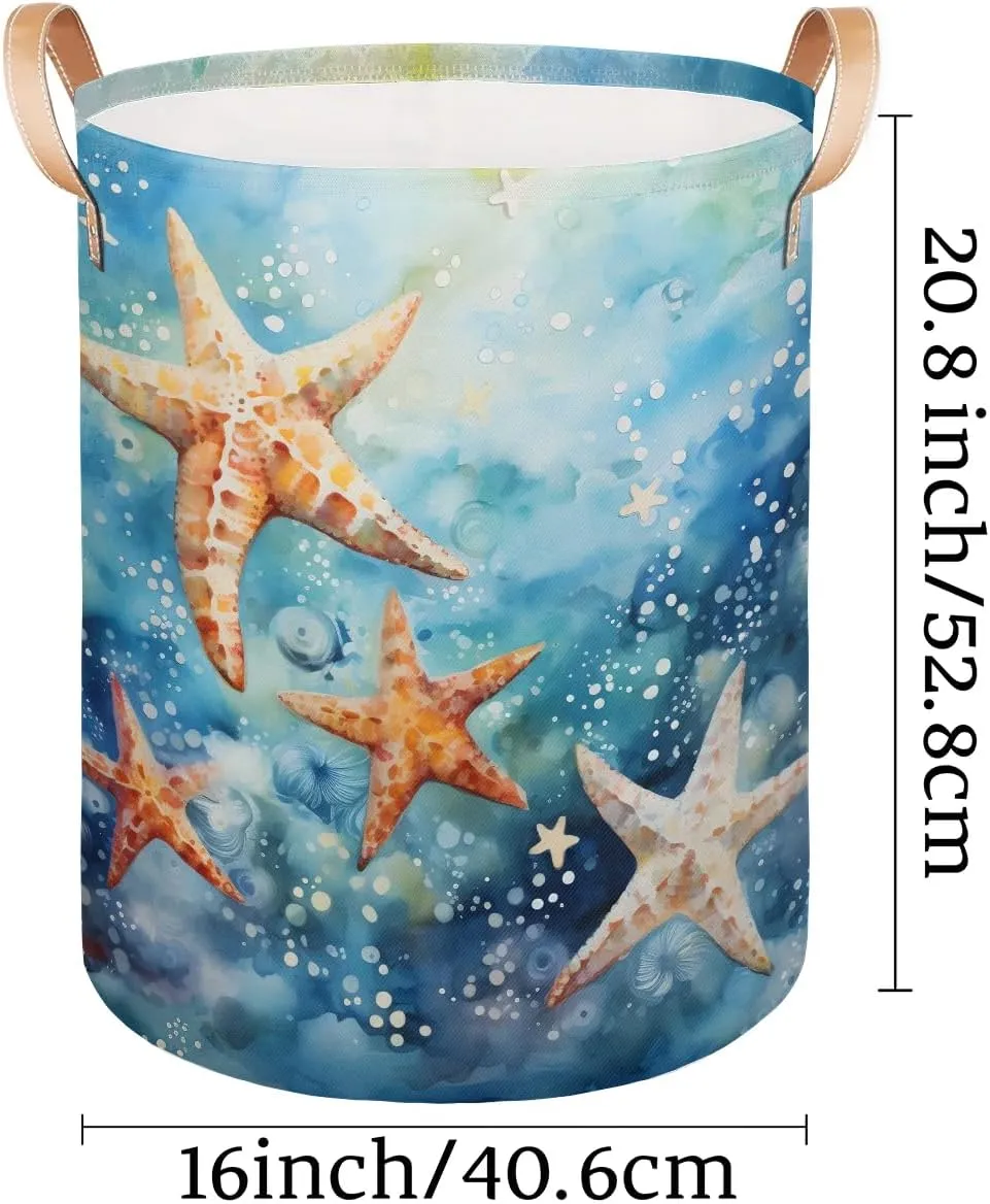 Starfish Ocean Laundry Hamper with Handles, Large Collapsible Laundry Basket Waterproof Decorative Washing Bag for Clothes, Bathroom, Bedrooms, Laundry Room