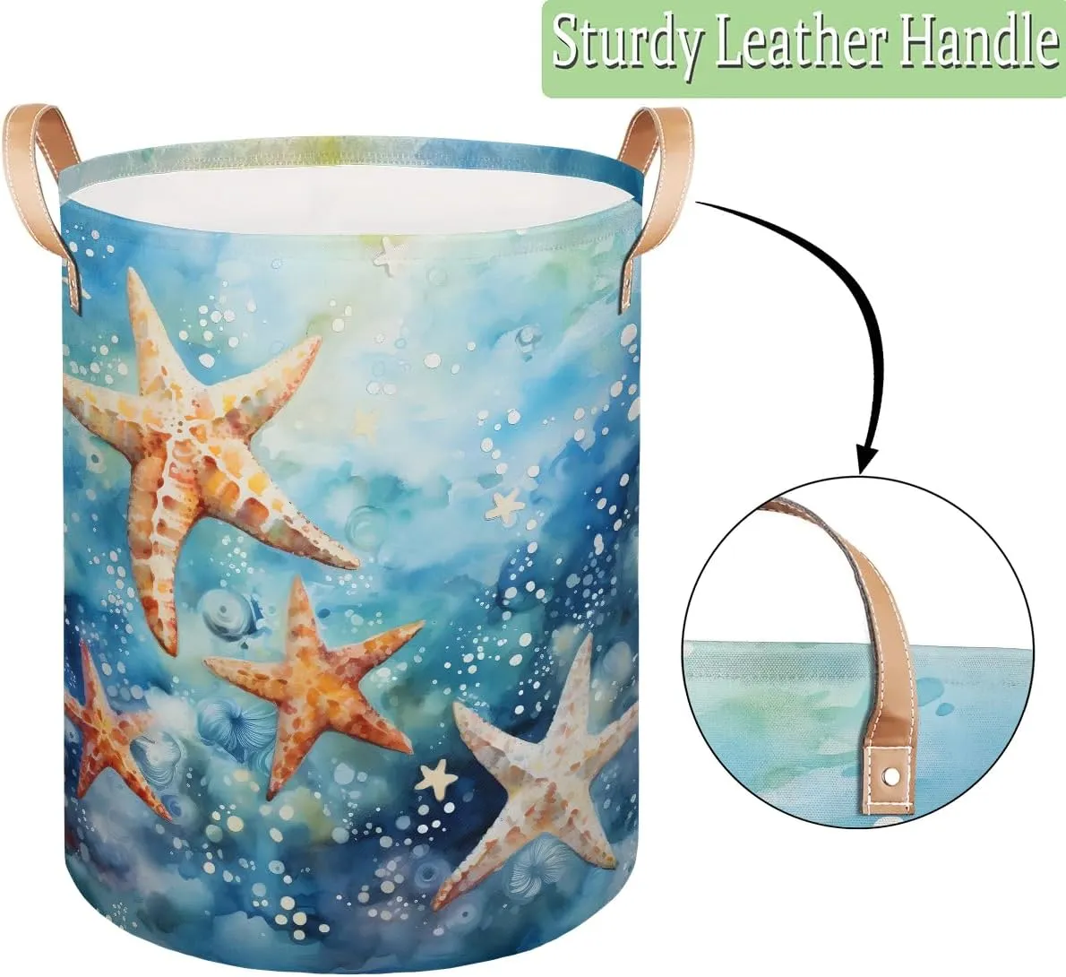 Starfish Ocean Laundry Hamper with Handles, Large Collapsible Laundry Basket Waterproof Decorative Washing Bag for Clothes, Bathroom, Bedrooms, Laundry Room
