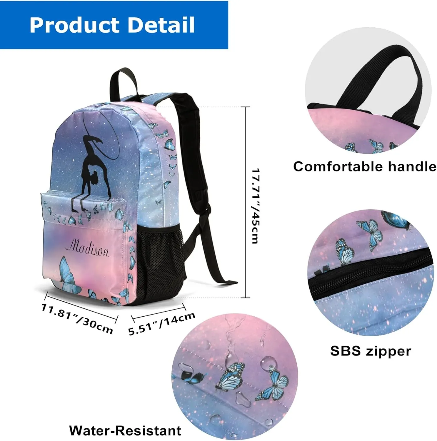 Starry Butterflies Gymnast Dancer Personalized Backpack Custom Text Unisex Bookbag for Boy Girl Travel Daypack Bag Purse 17.7 IN