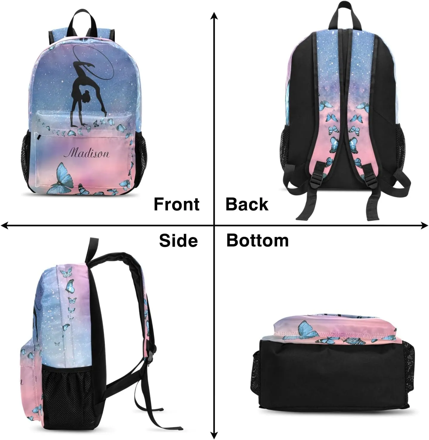 Starry Butterflies Gymnast Dancer Personalized Backpack Custom Text Unisex Bookbag for Boy Girl Travel Daypack Bag Purse 17.7 IN