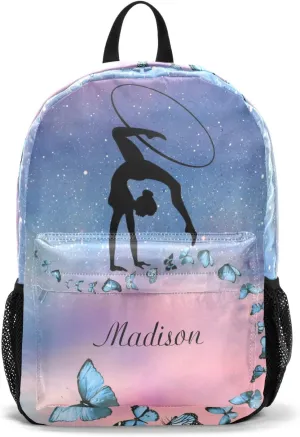 Starry Butterflies Gymnast Dancer Personalized Backpack Custom Text Unisex Bookbag for Boy Girl Travel Daypack Bag Purse 17.7 IN