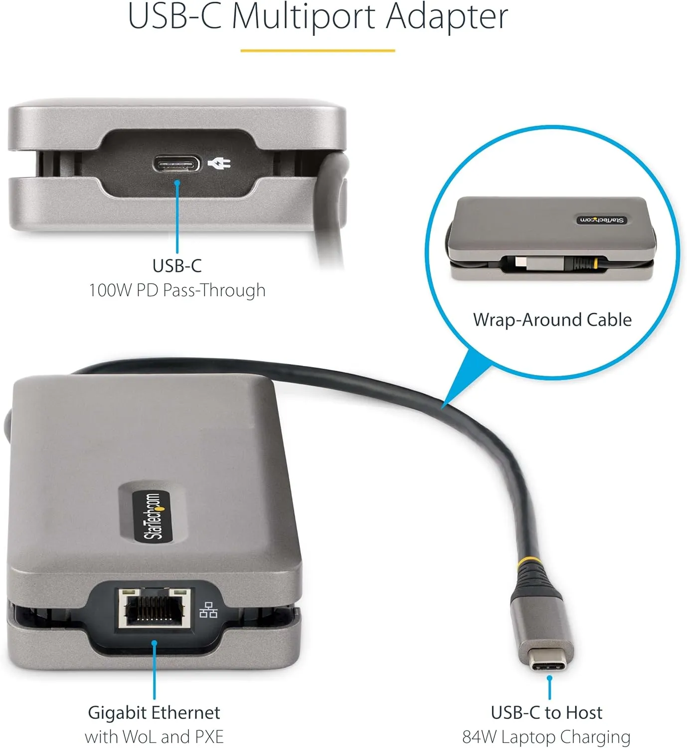 StarTech.com USB-C Multiport Adapter - HDMI/VGA - 4K 60Hz - 3-Port USB Hub - 100W Power Delivery Pass-Through - GbE - Travel Mini Docking Station w/Charging - 1ft/30cm Wrap-Around Cable (DKT31CVHPD3)