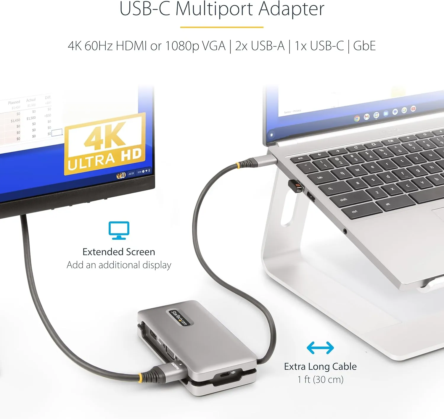 StarTech.com USB-C Multiport Adapter - HDMI/VGA - 4K 60Hz - 3-Port USB Hub - 100W Power Delivery Pass-Through - GbE - Travel Mini Docking Station w/Charging - 1ft/30cm Wrap-Around Cable (DKT31CVHPD3)