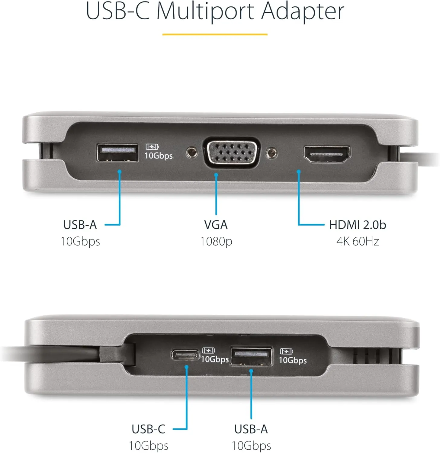 StarTech.com USB-C Multiport Adapter - HDMI/VGA - 4K 60Hz - 3-Port USB Hub - 100W Power Delivery Pass-Through - GbE - Travel Mini Docking Station w/Charging - 1ft/30cm Wrap-Around Cable (DKT31CVHPD3)