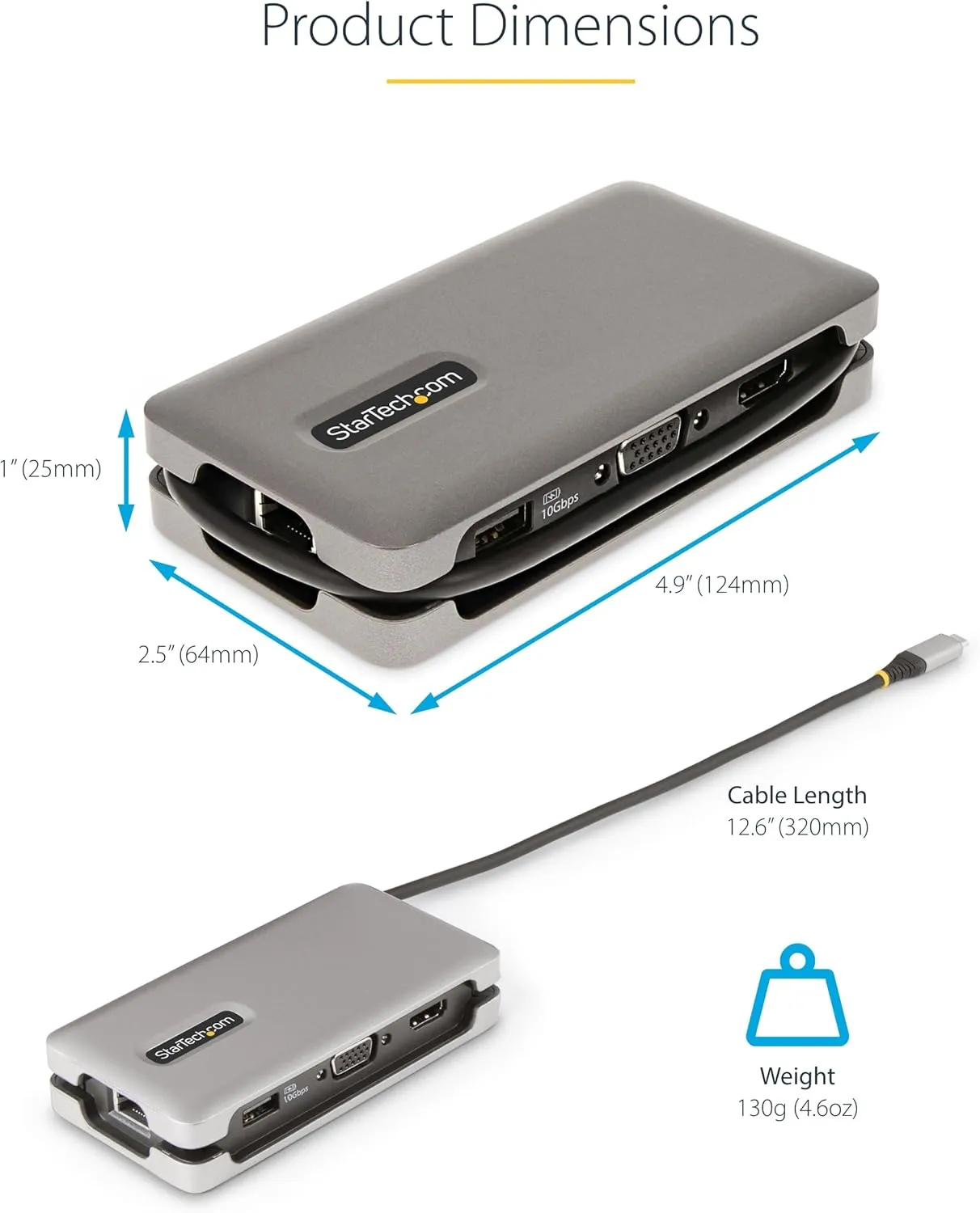 StarTech.com USB-C Multiport Adapter - HDMI/VGA - 4K 60Hz - 3-Port USB Hub - 100W Power Delivery Pass-Through - GbE - Travel Mini Docking Station w/Charging - 1ft/30cm Wrap-Around Cable (DKT31CVHPD3)