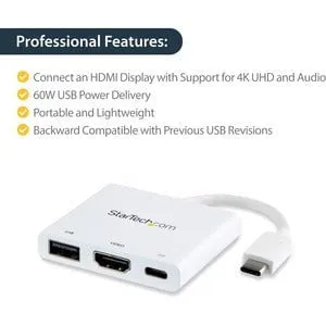 StarTech.com USB-C to 4K HDMI Multifunction Adapter with Power Delivery and USB-A Port- White - USB 3.1 - HDMI