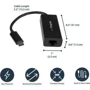 StarTech.com USB-C to Gigabit Ethernet Adapter - Black - USB 3.1 - Realtek RTL8153 - 1 Port(s) - 1 - Twisted Pair - 10/100/1000Base-T - Desktop