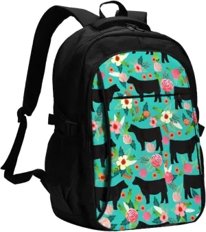 Steer Floral Show Steer Cows Farm Barn Florals Backpack, 18 Inch Travel Business Laptop Backpack With Usb Port For Women Men