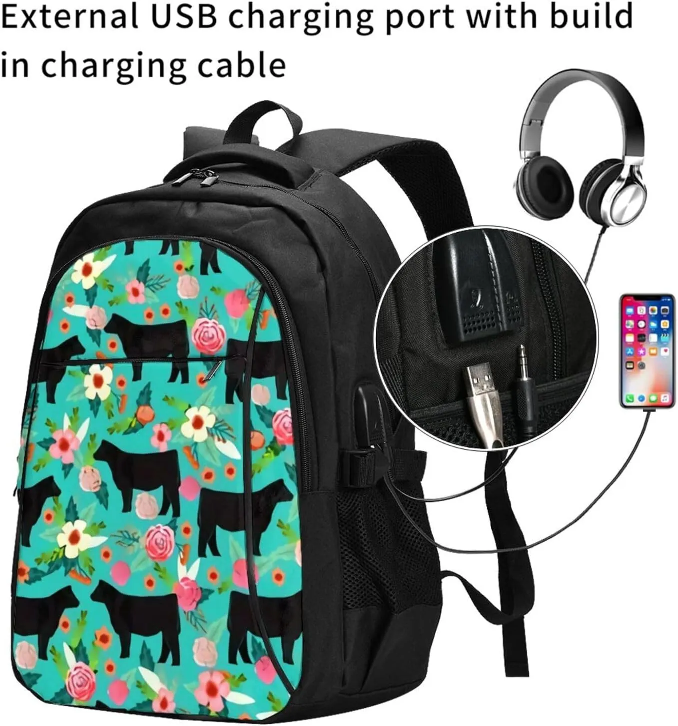 Steer Floral Show Steer Cows Farm Barn Florals Backpack, 18 Inch Travel Business Laptop Backpack With Usb Port For Women Men