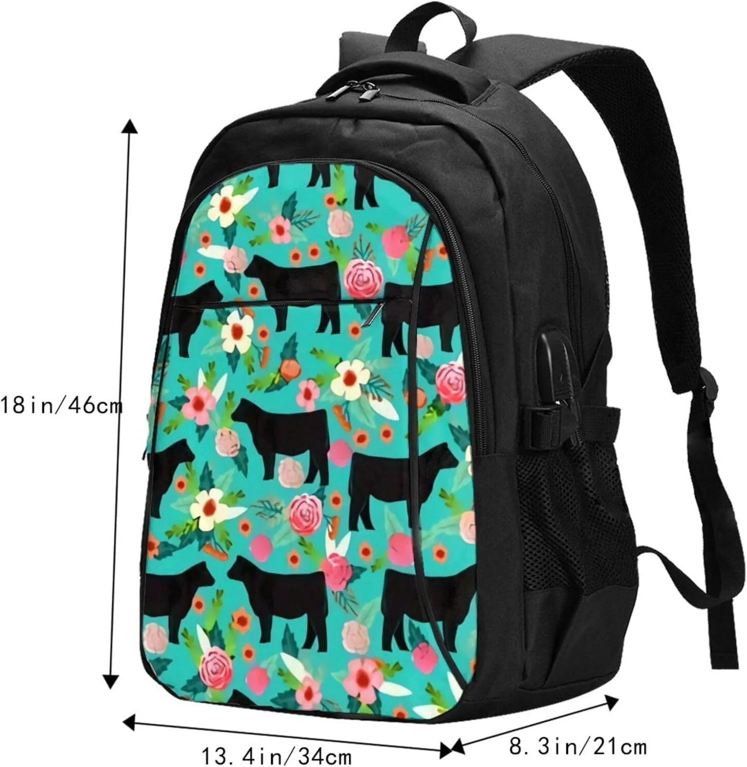 Steer Floral Show Steer Cows Farm Barn Florals Backpack, 18 Inch Travel Business Laptop Backpack With Usb Port For Women Men