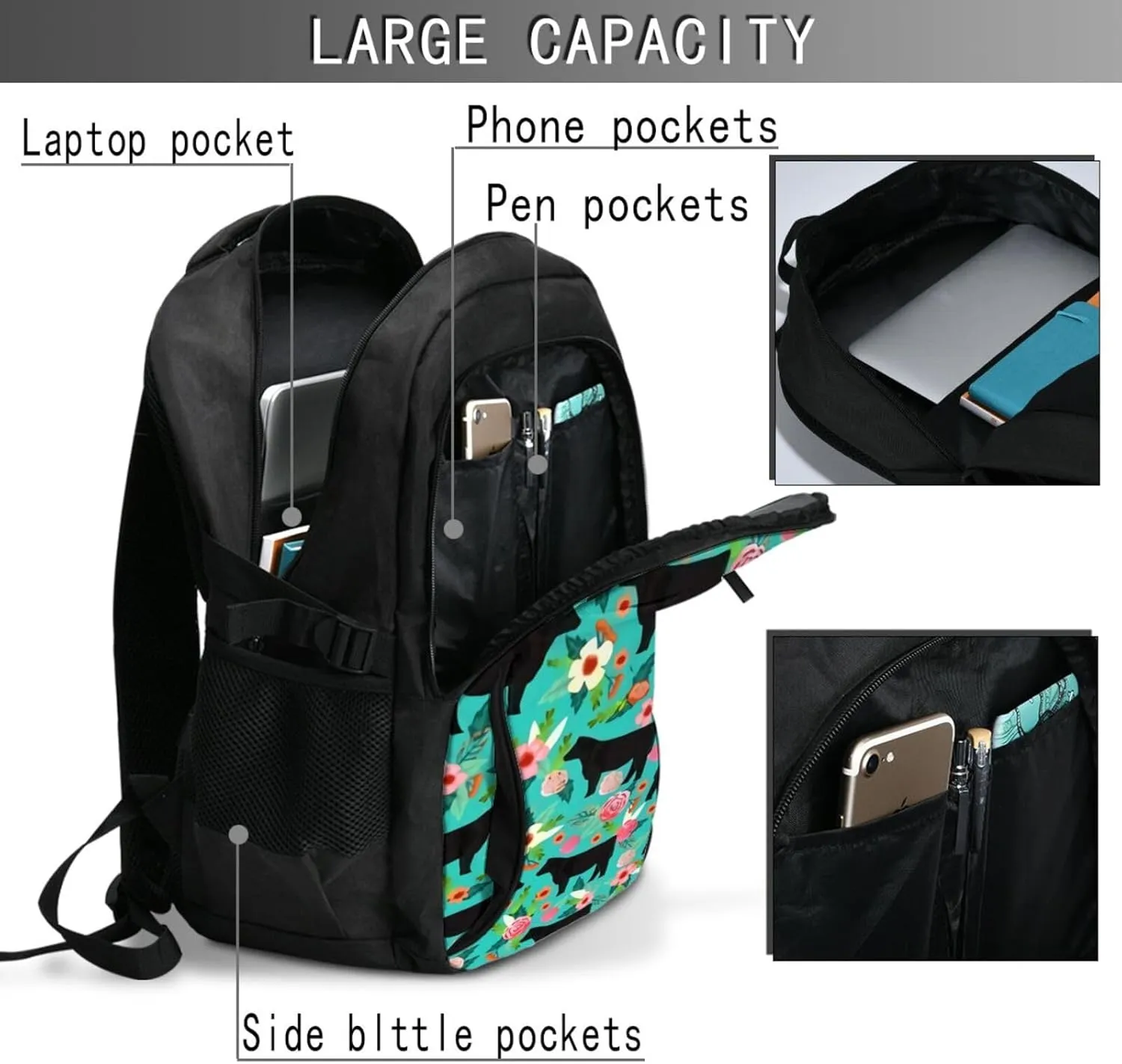 Steer Floral Show Steer Cows Farm Barn Florals Backpack, 18 Inch Travel Business Laptop Backpack With Usb Port For Women Men
