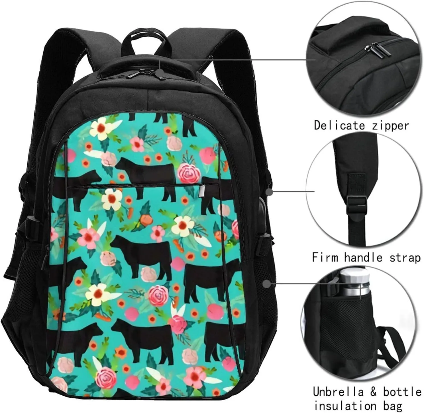 Steer Floral Show Steer Cows Farm Barn Florals Backpack, 18 Inch Travel Business Laptop Backpack With Usb Port For Women Men