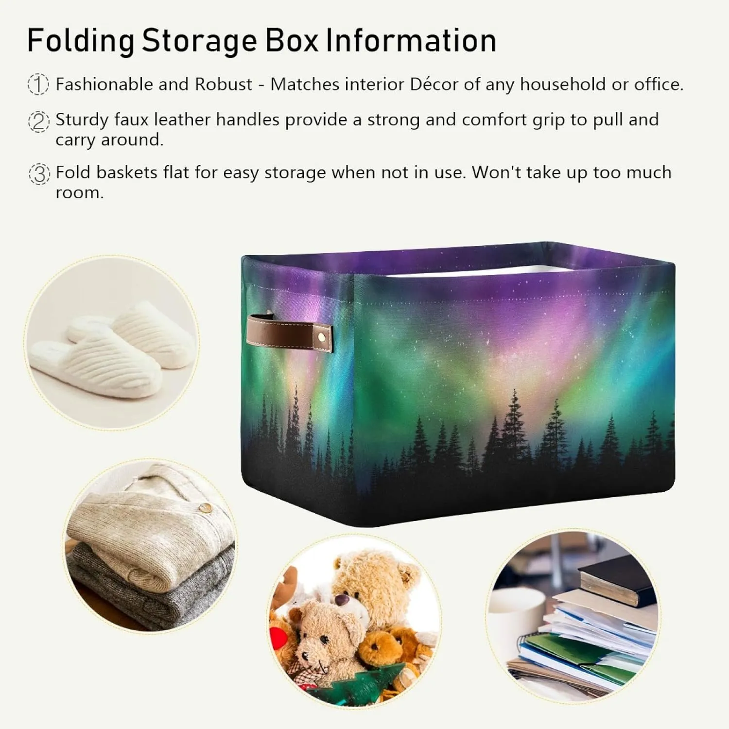Storage Basket Northern Light Aurora Storage Cube Box Durable Canvas Collapsible Toy Basket Organizer Bin with Handles for Shelf Closet Bedroom Home Office