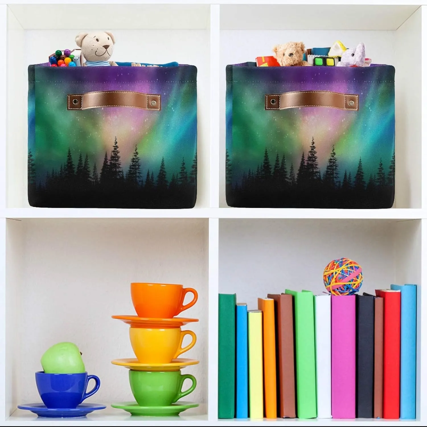 Storage Basket Northern Light Aurora Storage Cube Box Durable Canvas Collapsible Toy Basket Organizer Bin with Handles for Shelf Closet Bedroom Home Office