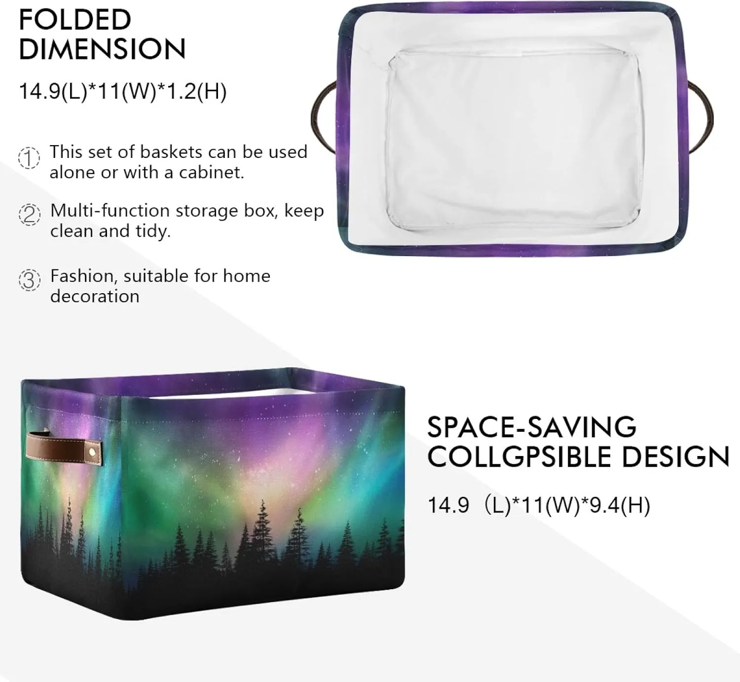 Storage Basket Northern Light Aurora Storage Cube Box Durable Canvas Collapsible Toy Basket Organizer Bin with Handles for Shelf Closet Bedroom Home Office