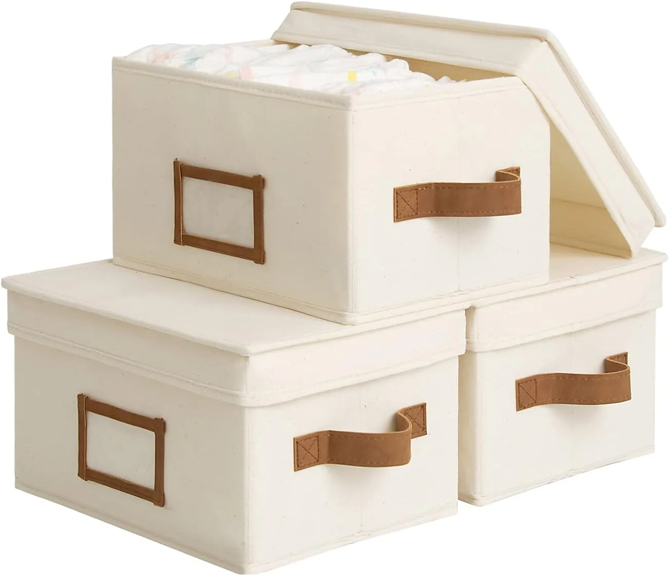 StorageWorks Storage Bins with Lids, Decorative Baskets for Shelves, Closet Boxes with PU Handles, Hand Wash, Canvas, Ivory White, Medium, 3-Pack