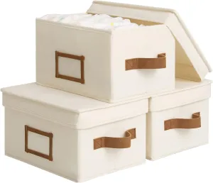 StorageWorks Storage Bins with Lids, Decorative Baskets for Shelves, Closet Boxes with PU Handles, Hand Wash, Canvas, Ivory White, Medium, 3-Pack